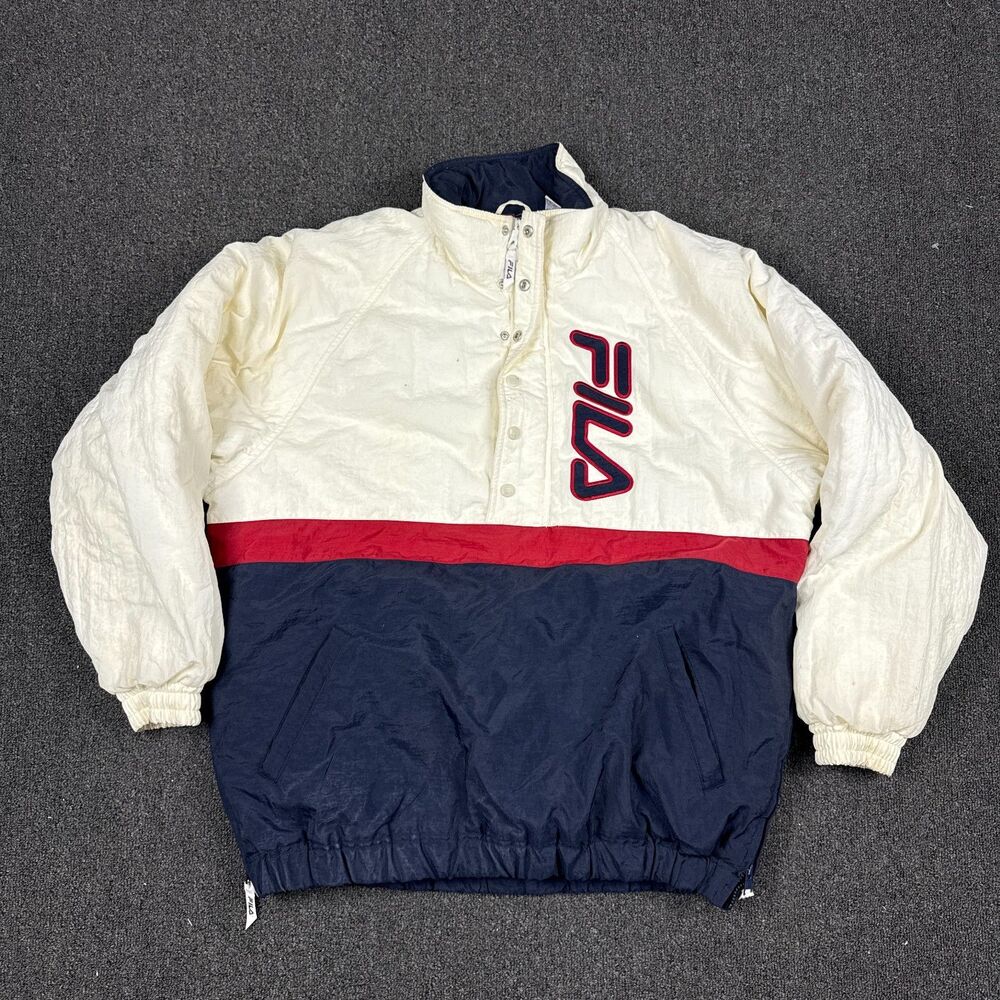 VTG FILA Jacket Mens Oversized Pullover Windbreaker Hood Kangaroo Pocket Size XL